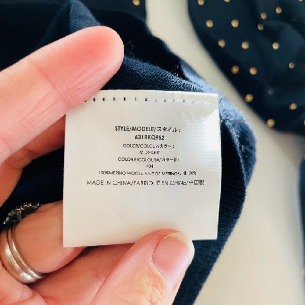 NWT Michael Kors Collection Sweater 100% Merino Wool Midnight Blue Metal Polka L - Picture 7 of 11